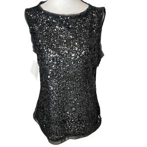 Karen Millen Black Sequin Sleeveless Top Sheer Back Embroidered Polkadots Sz 8